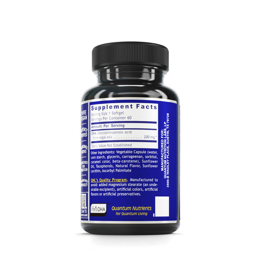 Close-up of Quantum Nutrition Labs Plant DHA softgels, algae-based omega-3 for brain and vision support