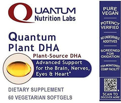 Vegan label on Quantum Plant DHA bottle underscores non-GMO, plant-based omega-3