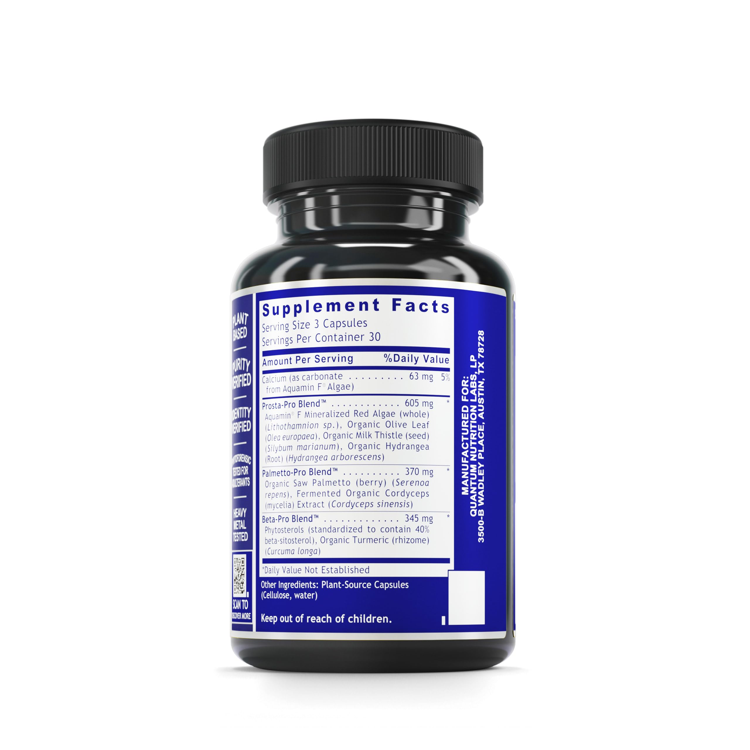 Quantum Nutrition Prostate Support bottle closeup showing herbal blend.