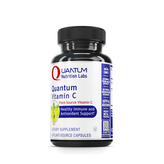 Quantum Nutrition Labs Quantum Vitamin C bottle with organic whole-food source for daily use.