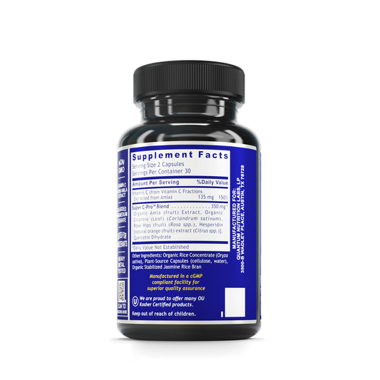 Quantum Vitamin C capsules from Quantum Nutrition Labs showing vegan, non-GMO formula.
