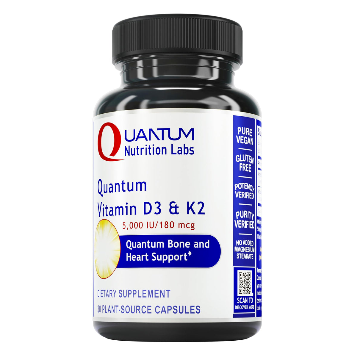 Quantum Nutrition Labs bottle closeup showing vegan D3 and K2 for bone support.