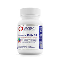 Quantum Nutrition Probiotic Daily 18 bottle showcases a broad spectrum blend for digestive balance.