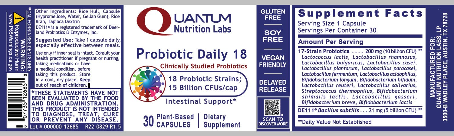 Quantum Nutrition Probiotic Daily 18 capsule-closeup highlights premium strains.