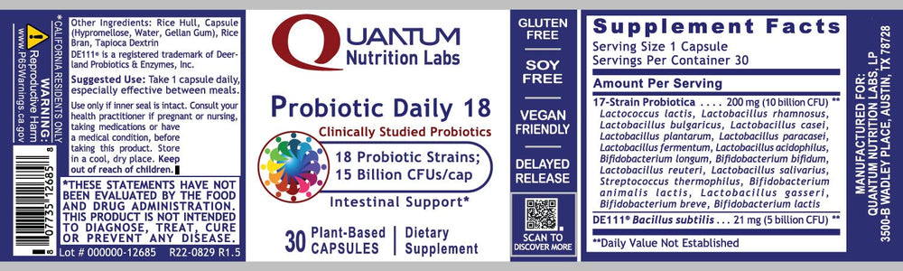 Quantum Nutrition Probiotic Daily 18 capsule-closeup highlights premium strains.