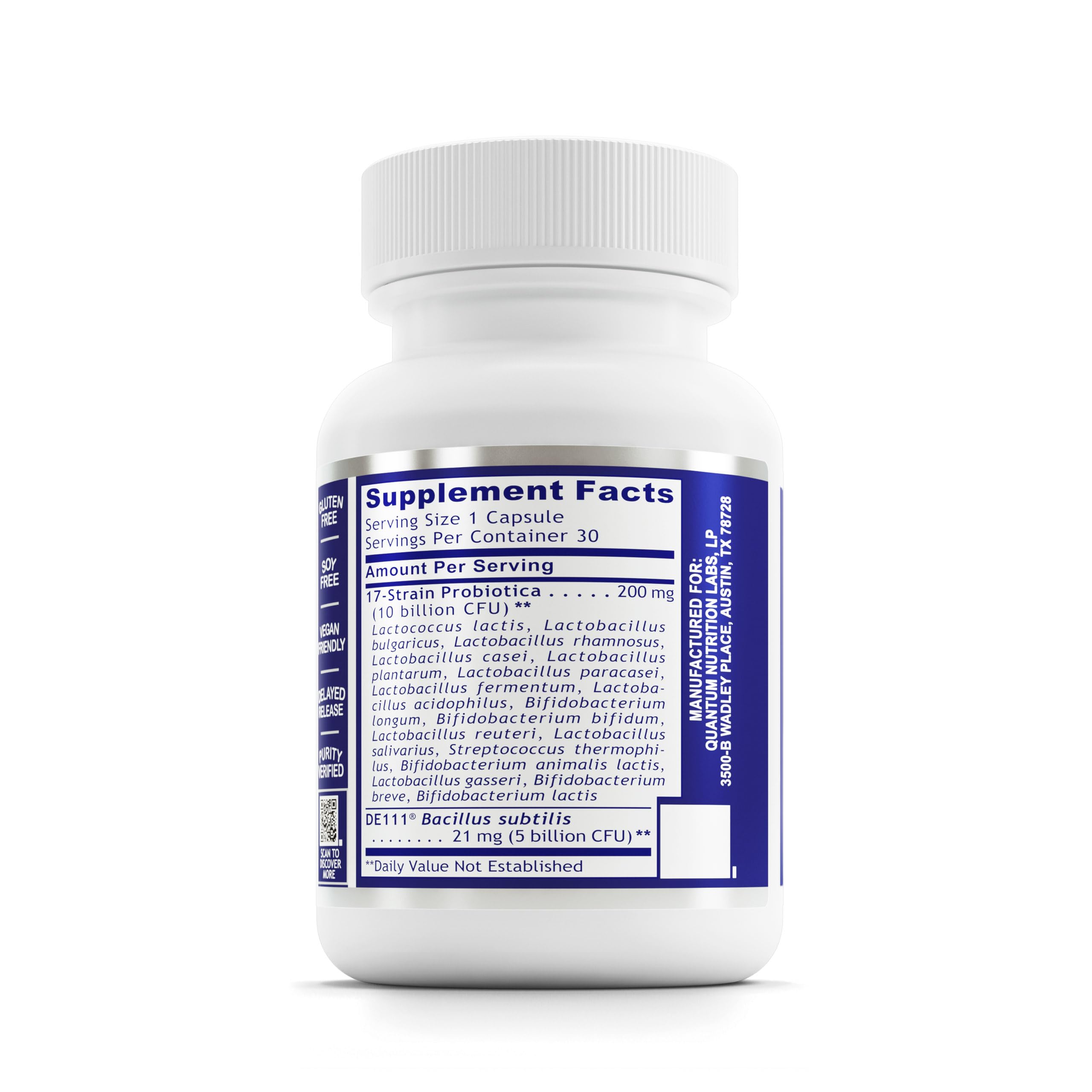Quantum Nutrition Probiotic Daily 18 capsules close-up highlights convenient daily support.
