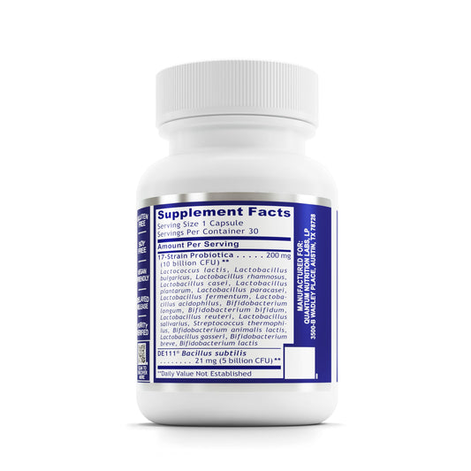 Quantum Nutrition Probiotic Daily 18 capsules close-up highlights convenient daily support.