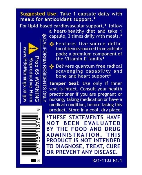 Quantum Nutrition QNL Delta Tocotrienol back-ingredients panel with tocotrienol blend.
