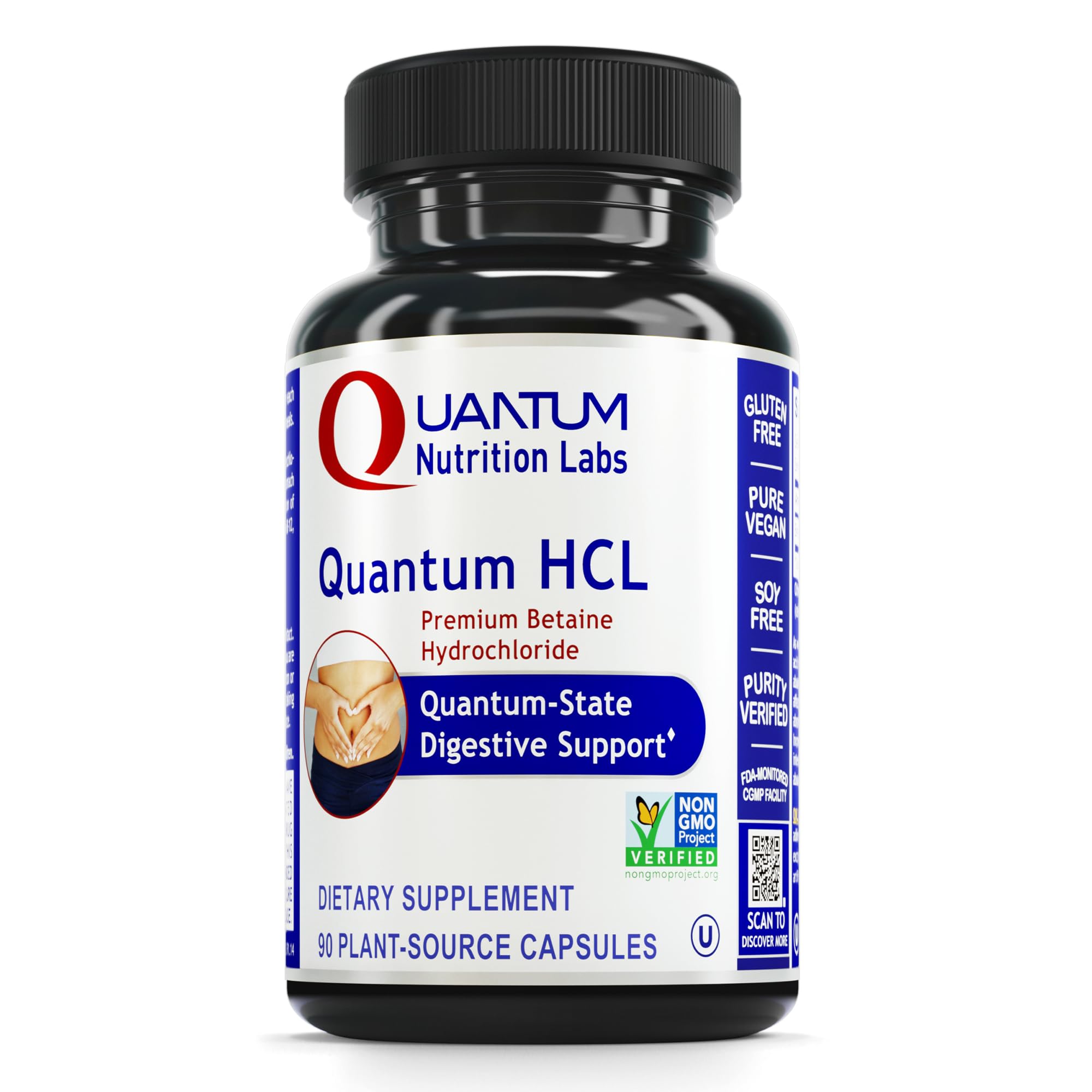 Quantum Nutrition Betaine HCl bottle with plant-based capsules for post-meal support.