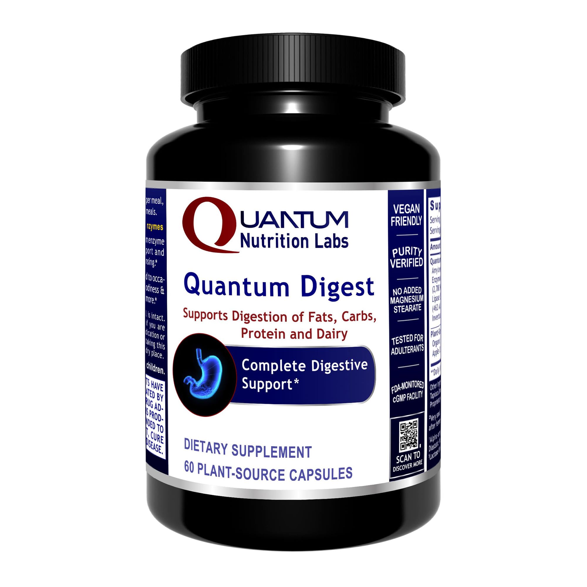 Quantum Nutrition Quantum Digest bottle on counter, supports daily digestive comfort with vegan enzyme blend.
