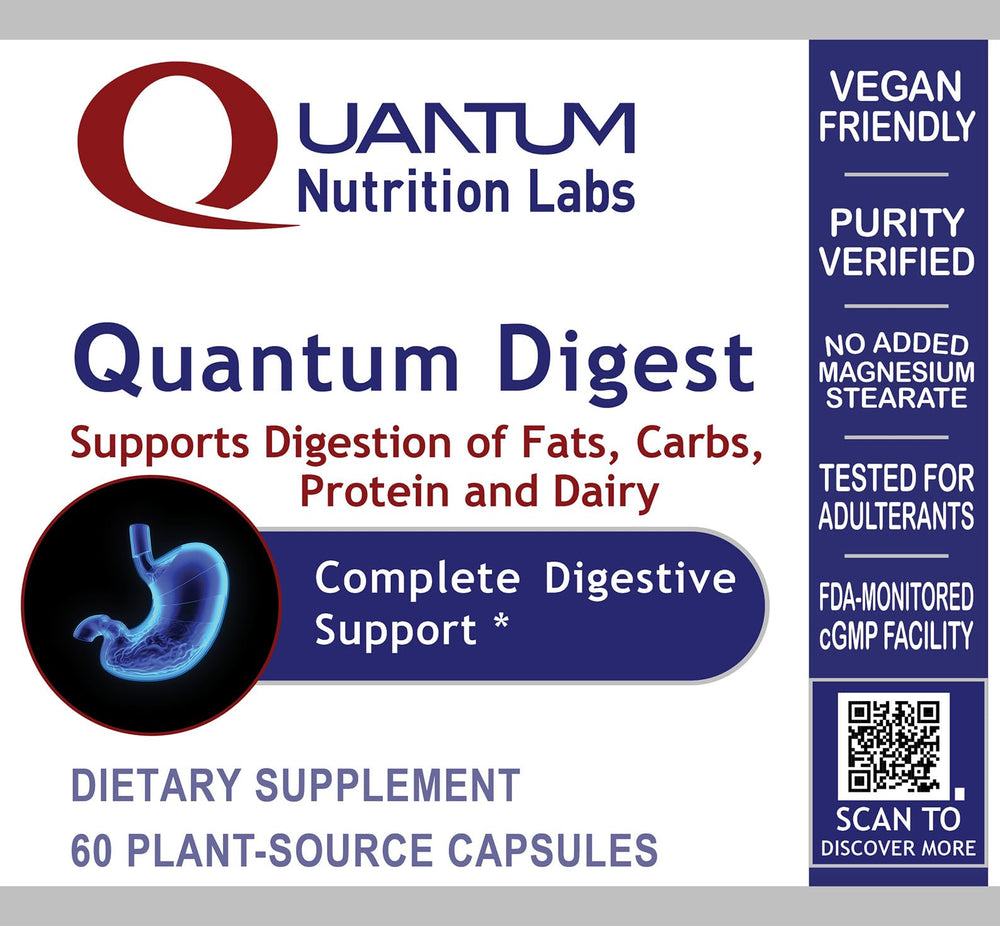 Quantum Nutrition Quantum Digest ingredients blend label highlighting pepsin and plant-based enzymes.