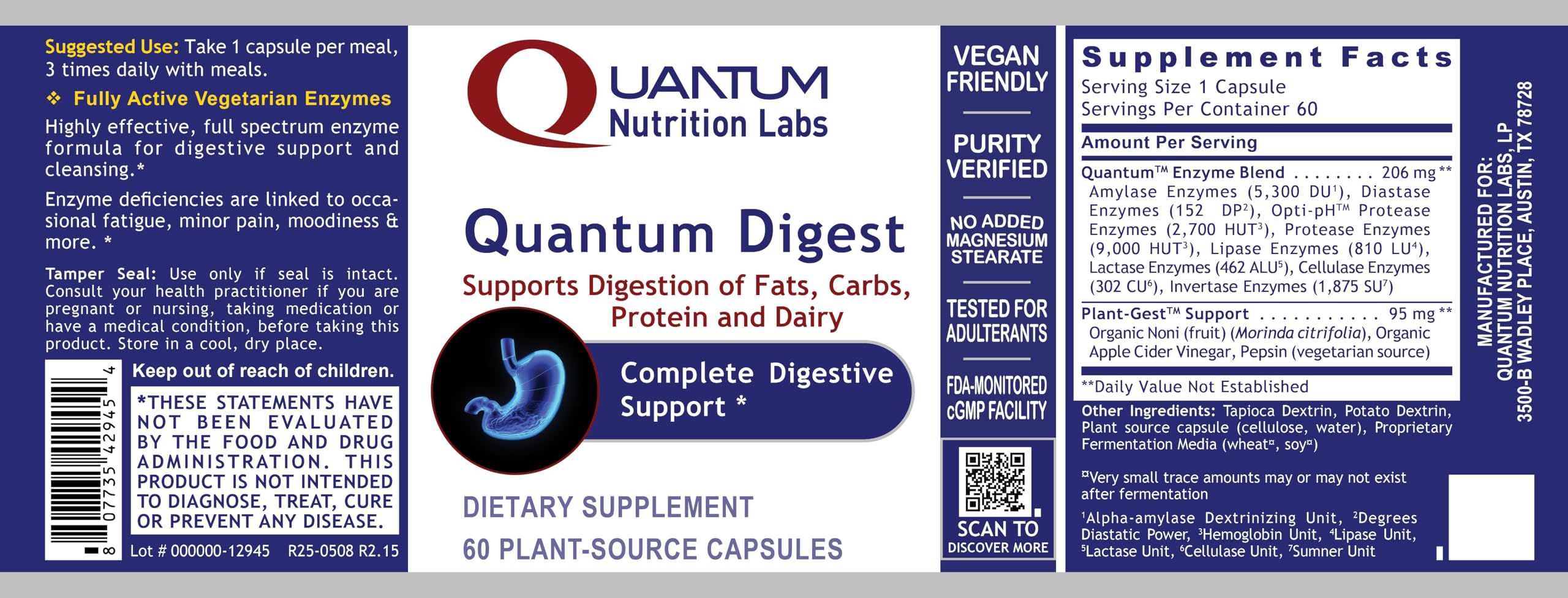 Quantum Nutrition Quantum Digest packaging label emphasizing vegan friendly quality.