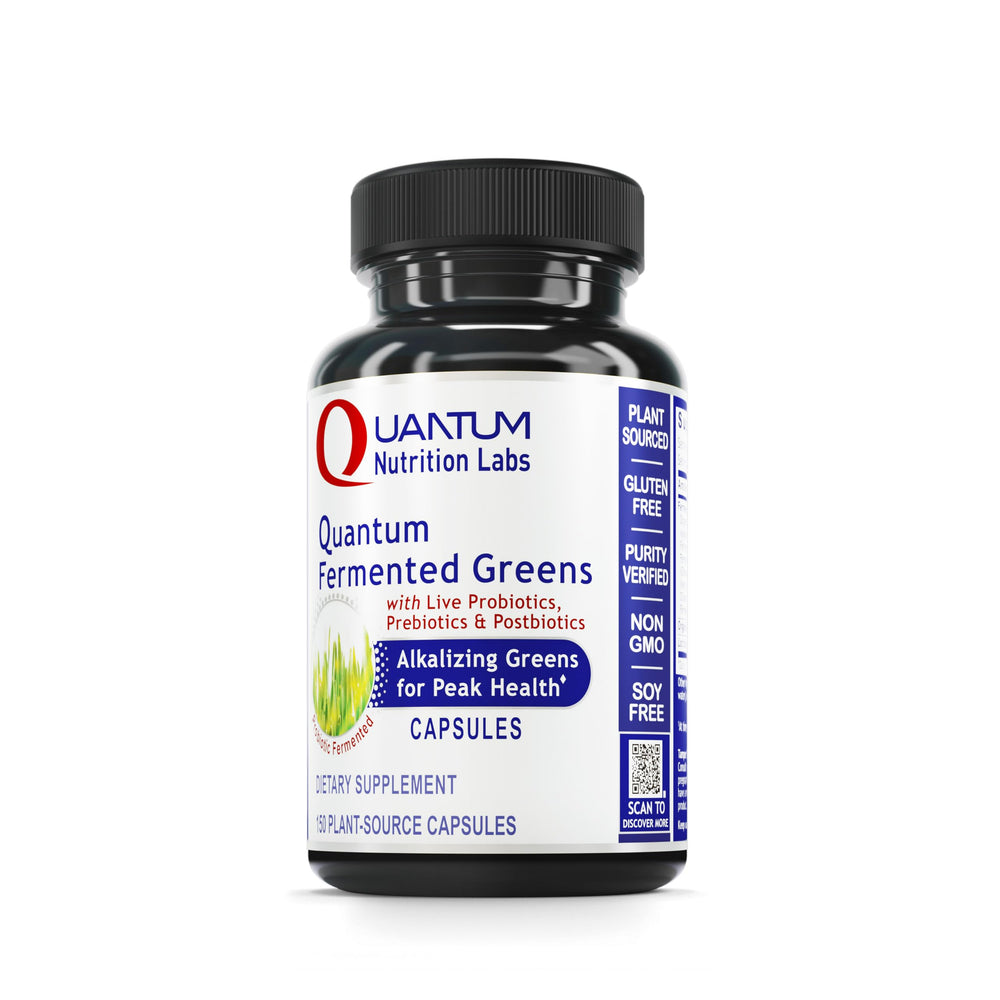 Quantum Fermented Greens bottle shows the Quantum Nutrition label for daily greens nutrition.