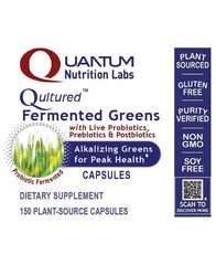 Capsules of Quantum Fermented Greens provide a convenient probiotic prebiotic greens boost.