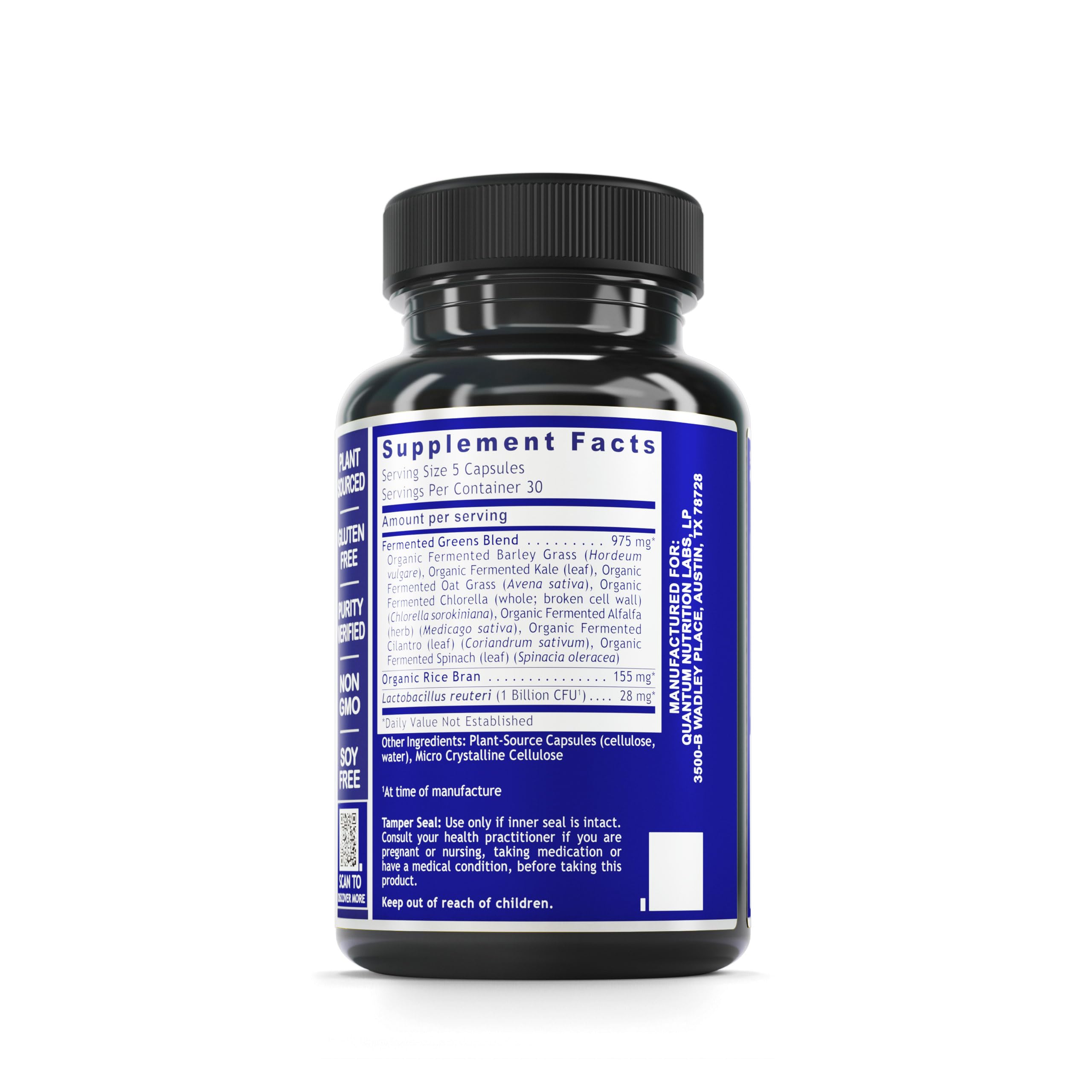 Pour from the Quantum Fermented Greens bottle to begin your day with a nutrient-rich greens blend.