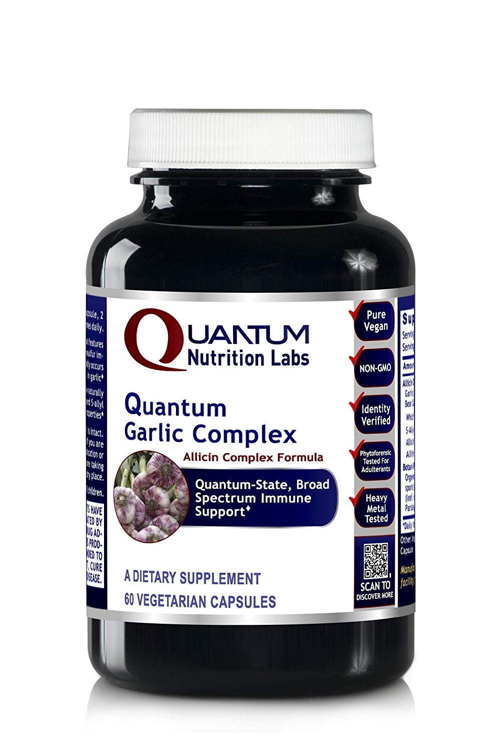 Quantum Nutrition Quantum Garlic Complex bottle label highlighting allicin-rich formula for immune support