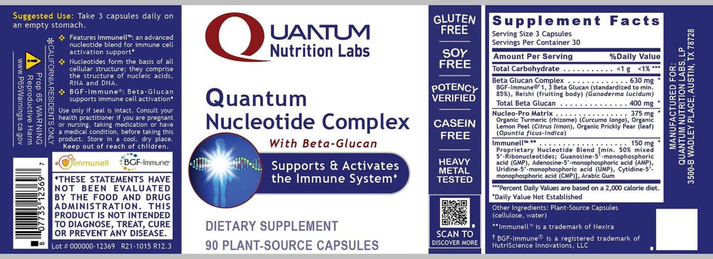 Quantum Nutrition Quantum Nucleotide Complex packaging communicates non-GMO, clean immune nutrition.
