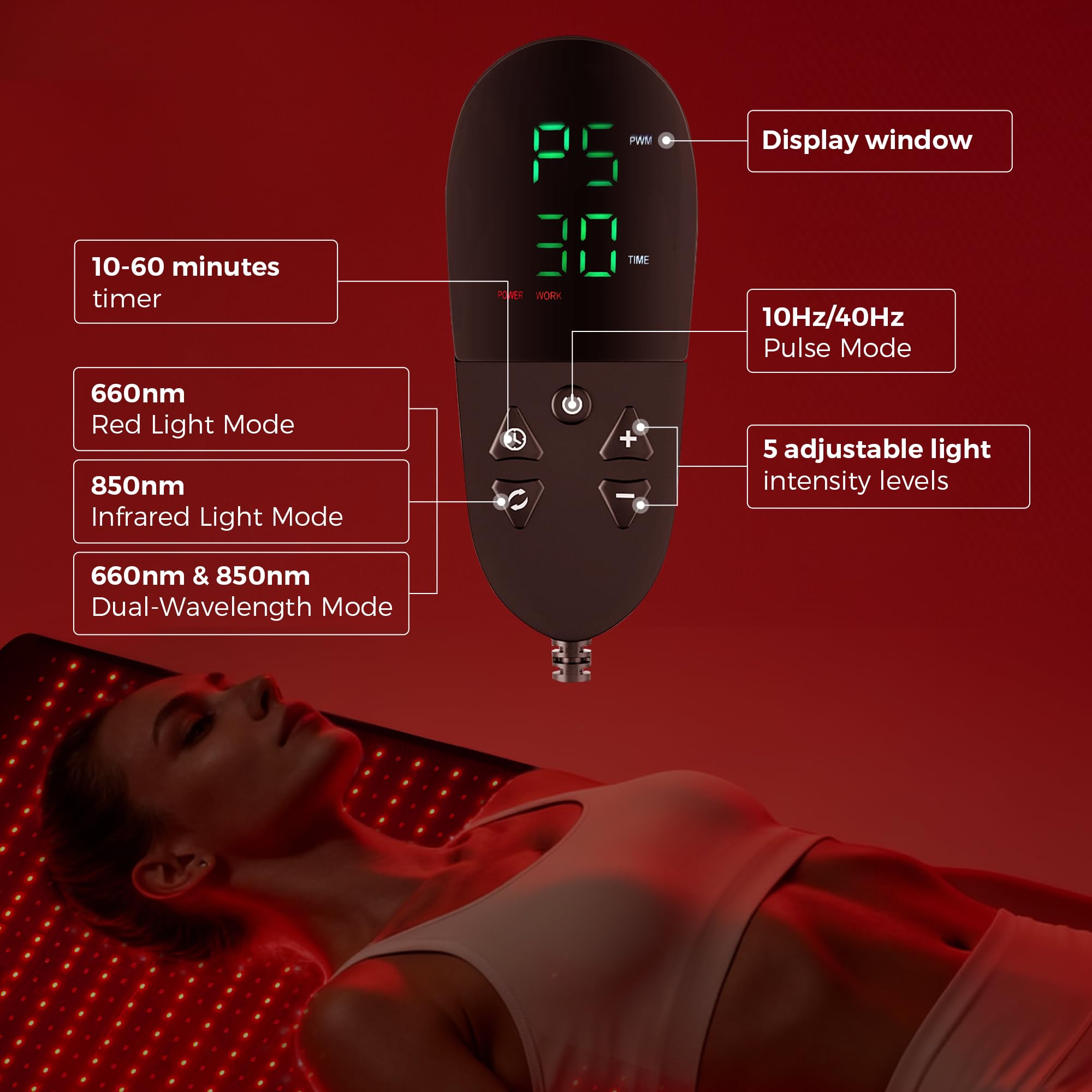 QuasarMD infrared mat control panel with adjustable settings.