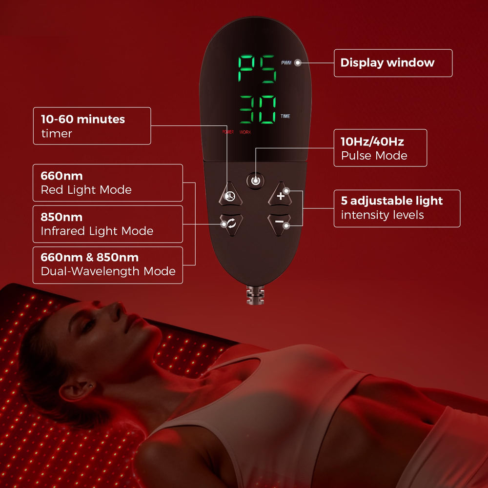 QuasarMD infrared mat control panel with adjustable settings.