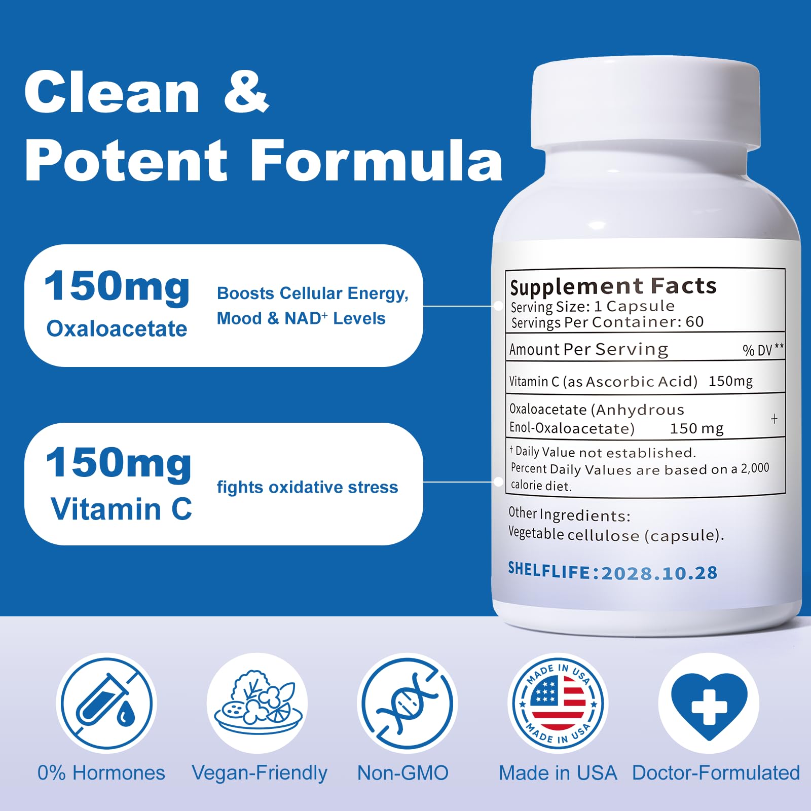 QUBIT Oxaloacetate ingredients panel with vitamin C and stabilization