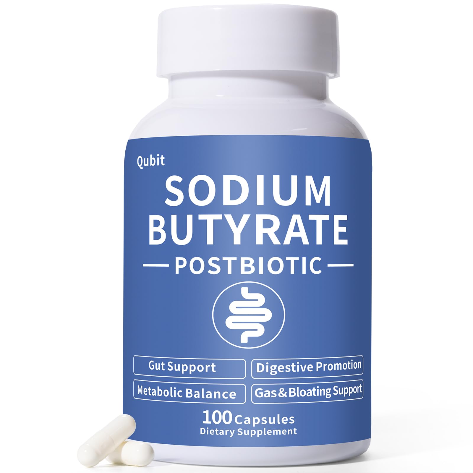 QUBIT sodium butyrate bottle pour highlights odor-control and gut support.