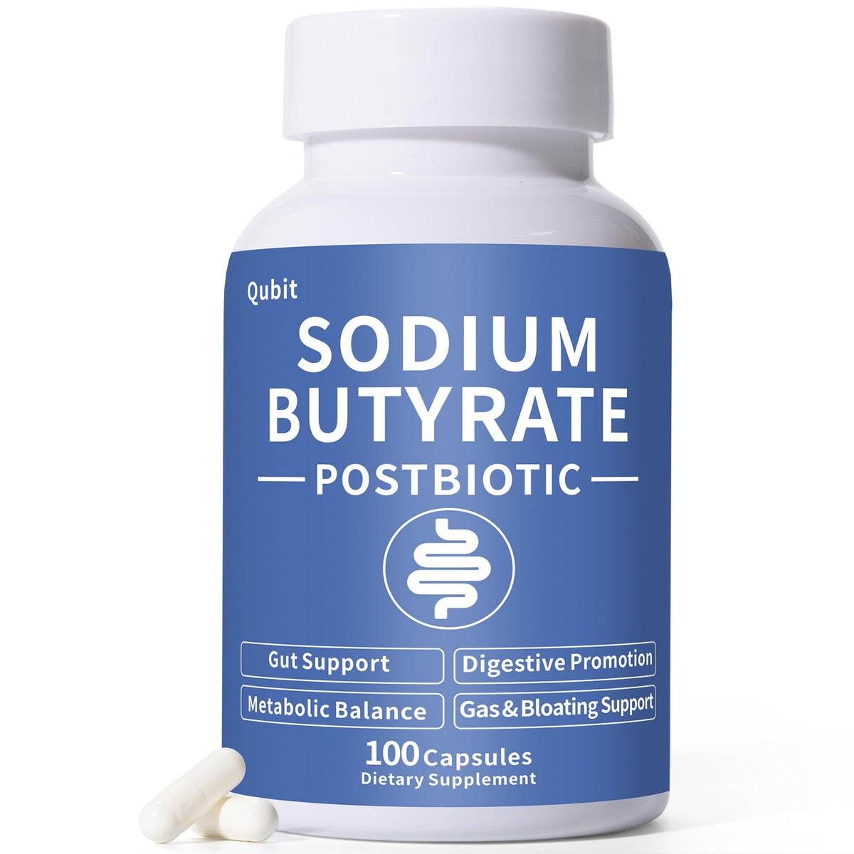 QUBIT sodium butyrate bottle pour highlights odor-control and gut support.