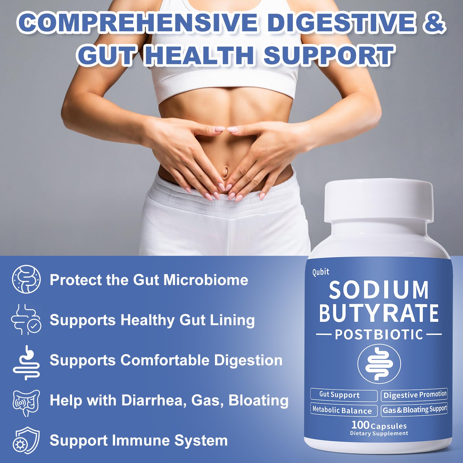 QUBIT Sodium Butyrate capsules close-up shows easy swallowing vegan formula.