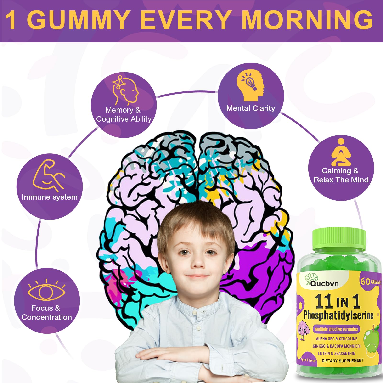 Qucbvn Alpha GPC cognitive boost detail highlights potential attention and learning aid.