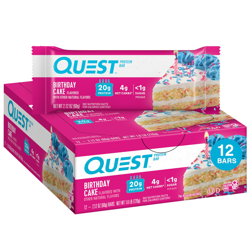 Quest Birthday Cake Bar packaging highlights 20g protein and low sugar per bar