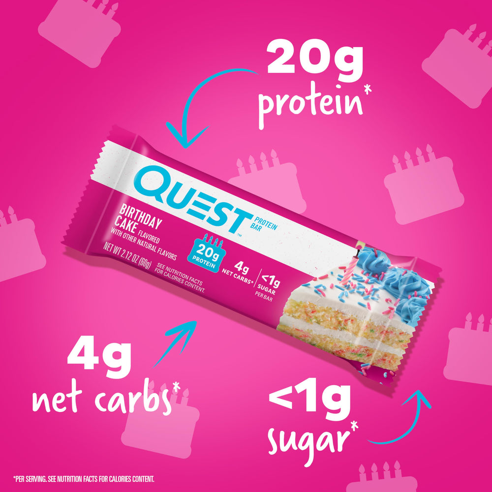Quest Birthday Cake Bar unwrapped shows cake-like, creamy bite for snacking