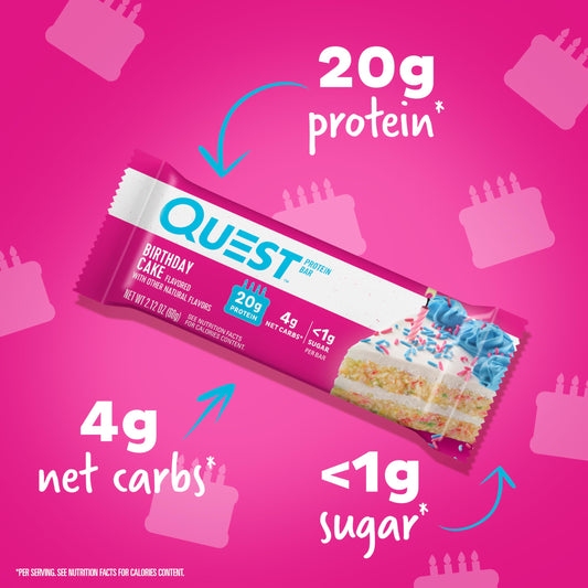 Quest Birthday Cake Bar unwrapped shows cake-like, creamy bite for snacking
