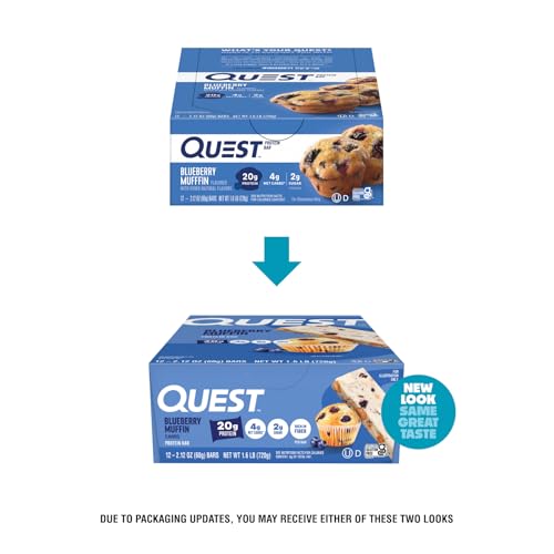 Quest Blueberry Muffin Bar close-up shows dried blueberries for fruity flavor and texture.
