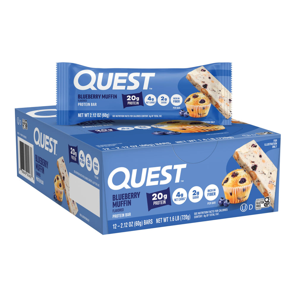 Quest Blueberry Muffin Bar with muffin-like morsels and real blueberries for a satisfying snack.