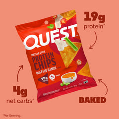 Quest Buffalo Ranch chip crunch closeup emphasizes crisp texture and tangy taste.