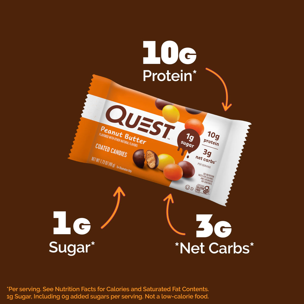Quest candies in gym bag snack ready for quick energy between sets.