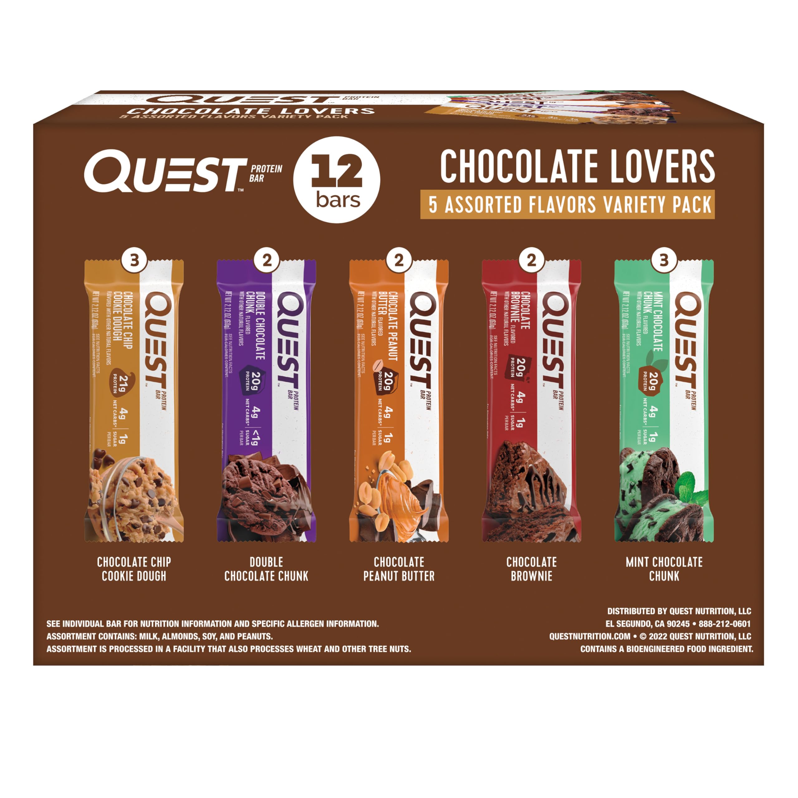 Quest Chocolate Lovers Variety Pack bars on a clean surface, convenient protein snack between meals.