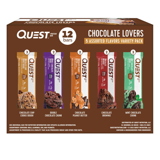 Quest Chocolate Lovers Variety Pack bars on a clean surface, convenient protein snack between meals.