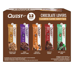 Quest Chocolate Lovers Variety Pack bars on a clean surface, convenient protein snack between meals.