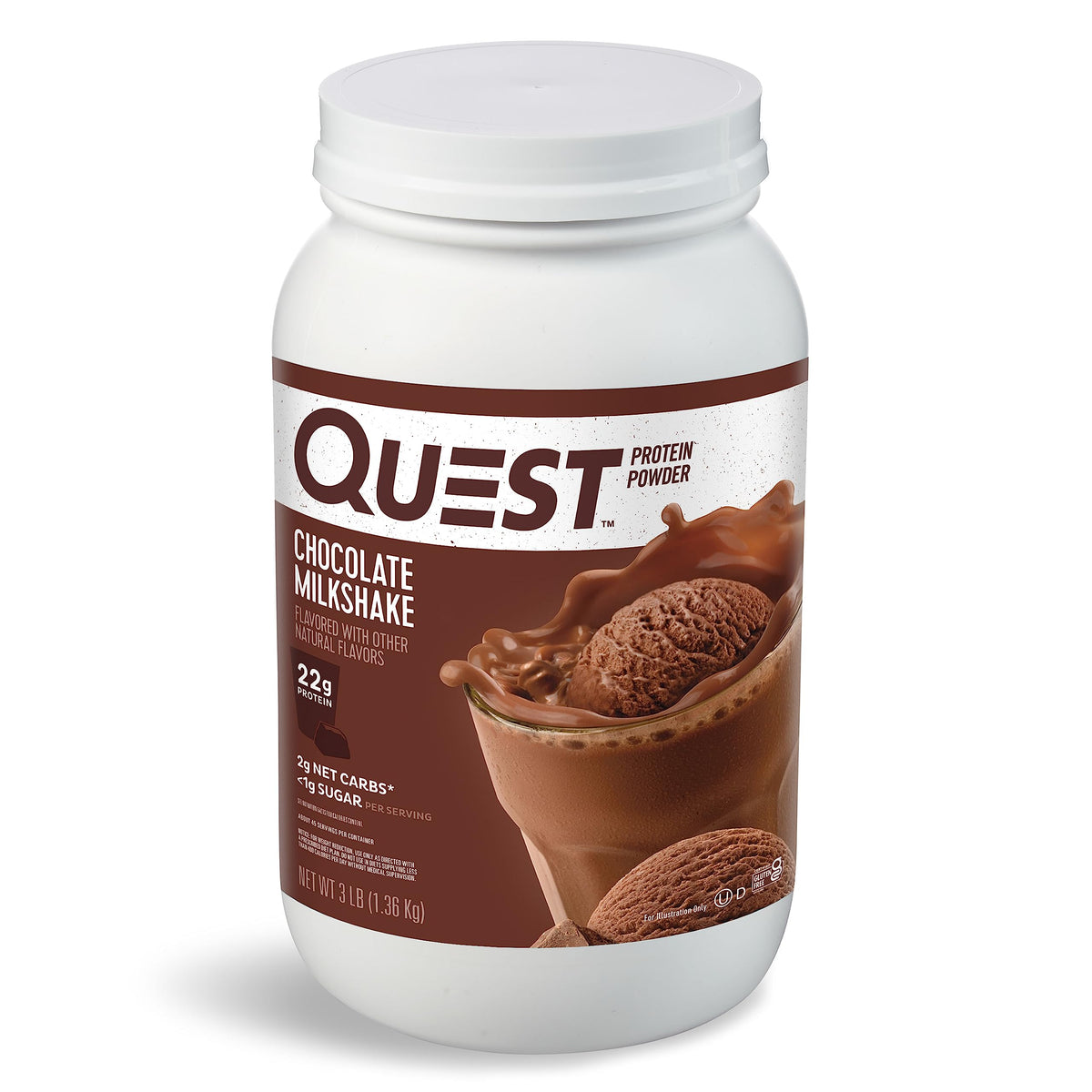 Quest Chocolate Milkshake Protein Powder canister with 22g protein per scoop label.
