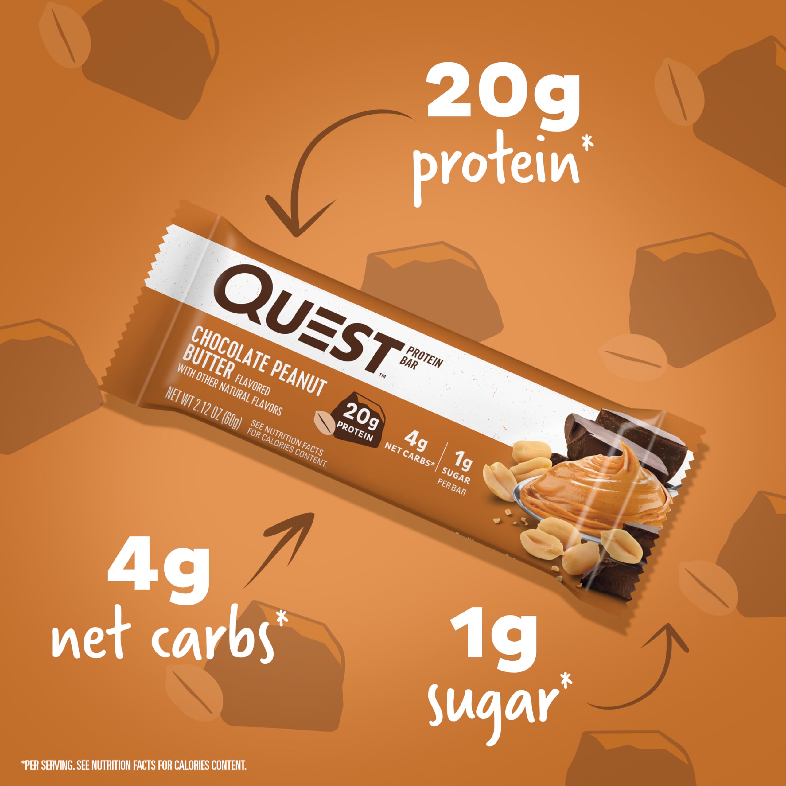 Quest Chocolate Peanut Butter Bar closeup highlights smooth chocolate and creamy peanut butter flavor.