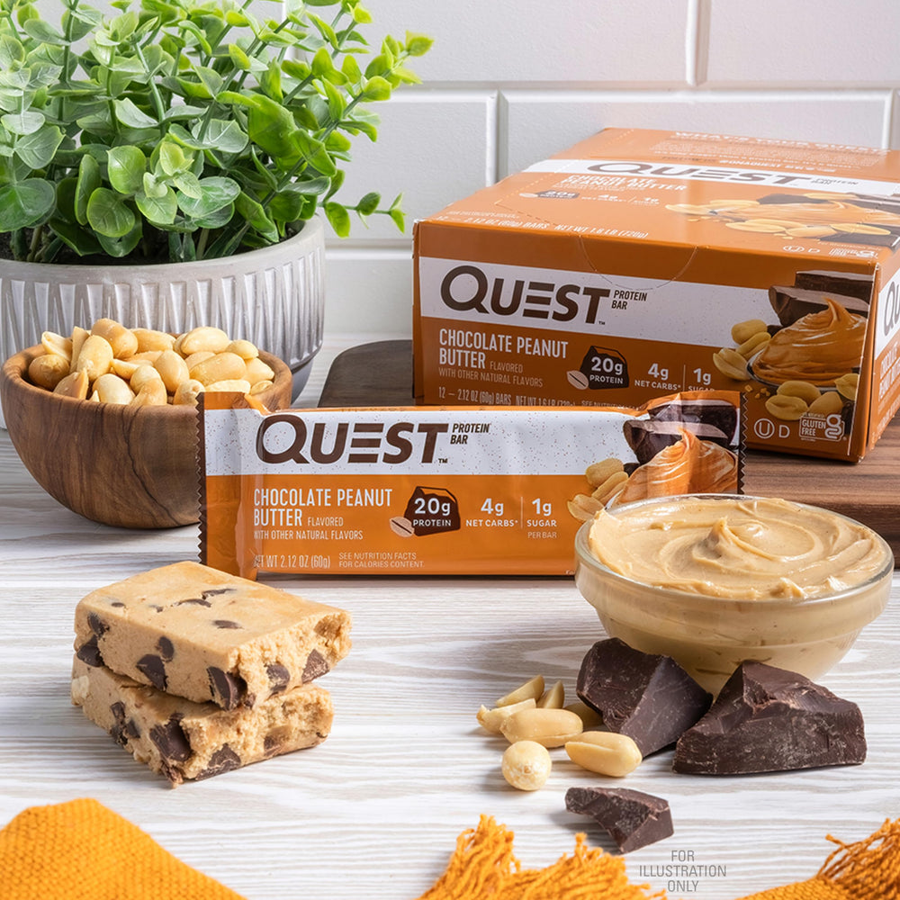 Quest Chocolate Peanut Butter Bar in a gym bag ready for post-workout fuel.