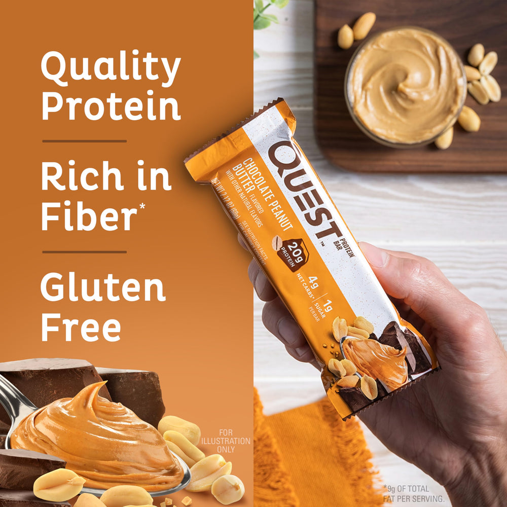 Quest Chocolate Peanut Butter Bar nutrition panel emphasizes 20g protein and low net carbs.