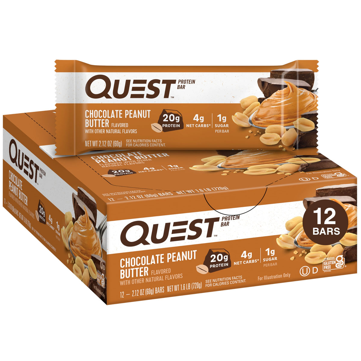Quest Chocolate Peanut Butter Bar packaging showcases a protein-packed snack for on-the-go meals.