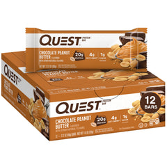 Quest Chocolate Peanut Butter Bar packaging showcases a protein-packed snack for on-the-go meals.