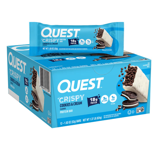 Quest Cookies & Cream Crispy Bar packshot highlights gluten-free protein snack.