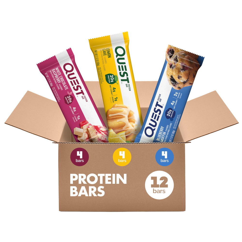 Quest Fruit Flavored Variety Pack Blueberry Muffin bar close-up for high-protein snack