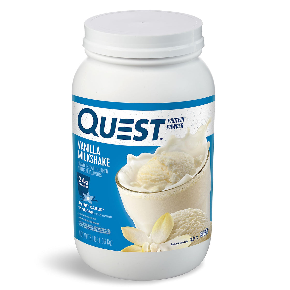 Quest Nutrition vanilla milkshake canister with 24g protein per serving for fueling workouts