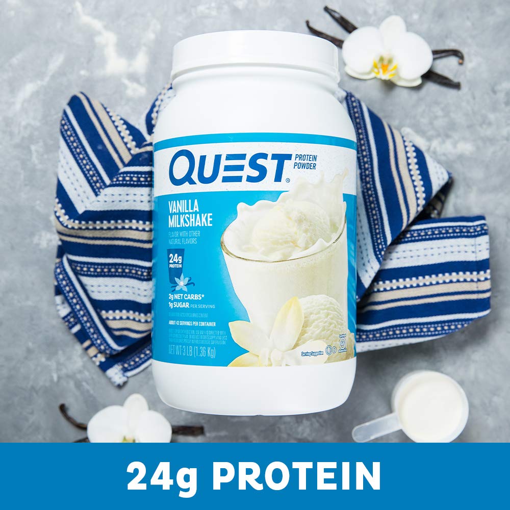 Quest Nutrition vanilla milkshake pour highlighting smooth mixability for post-workout shakes