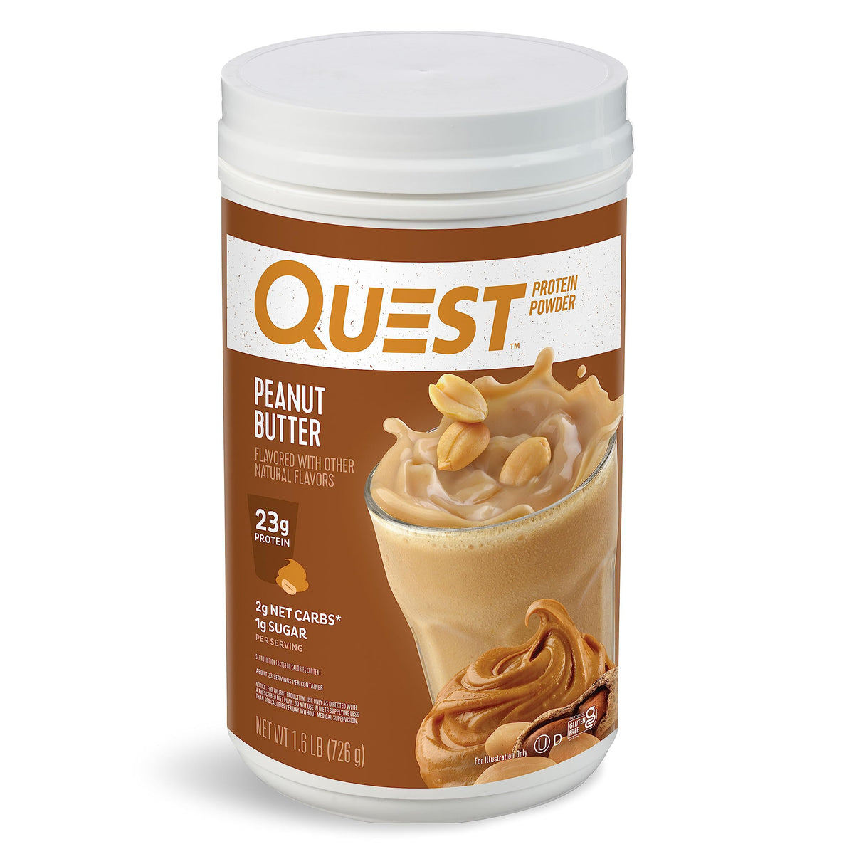 Quest Peanut Butter Protein Powder canister highlighting 23g protein per scoop for workouts