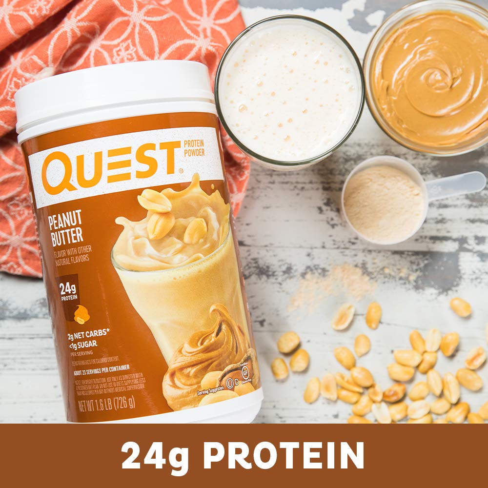Quest Peanut Butter Protein Powder in glass mixer promoting creamy texture